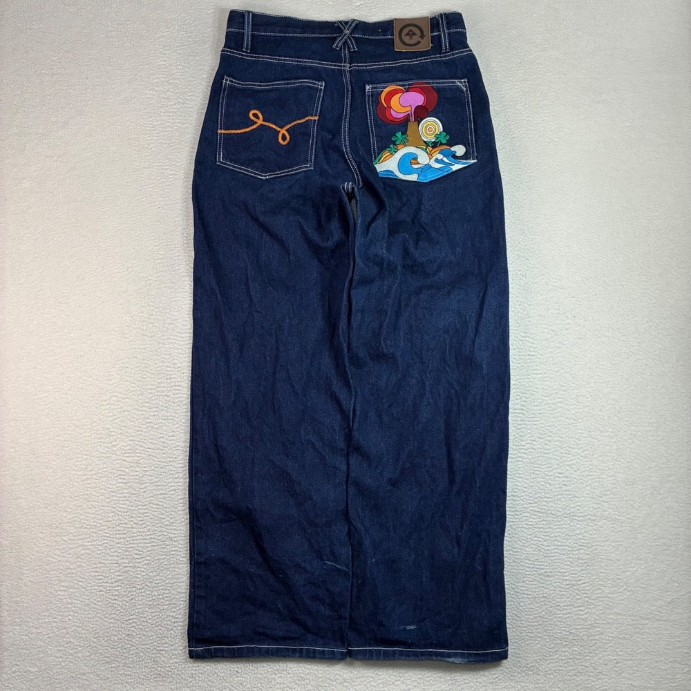 Y2K LRG Baggy Embroidered Jeans Men 32x31 Blue Lifted Research Volcano Chimera